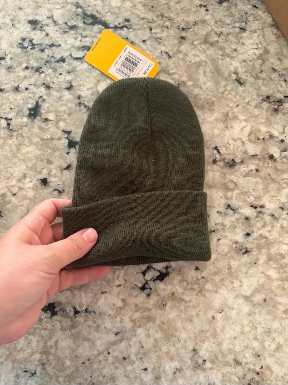 Carhartt Olive Green Folded Cuff Beanie with Orange Logo Patch